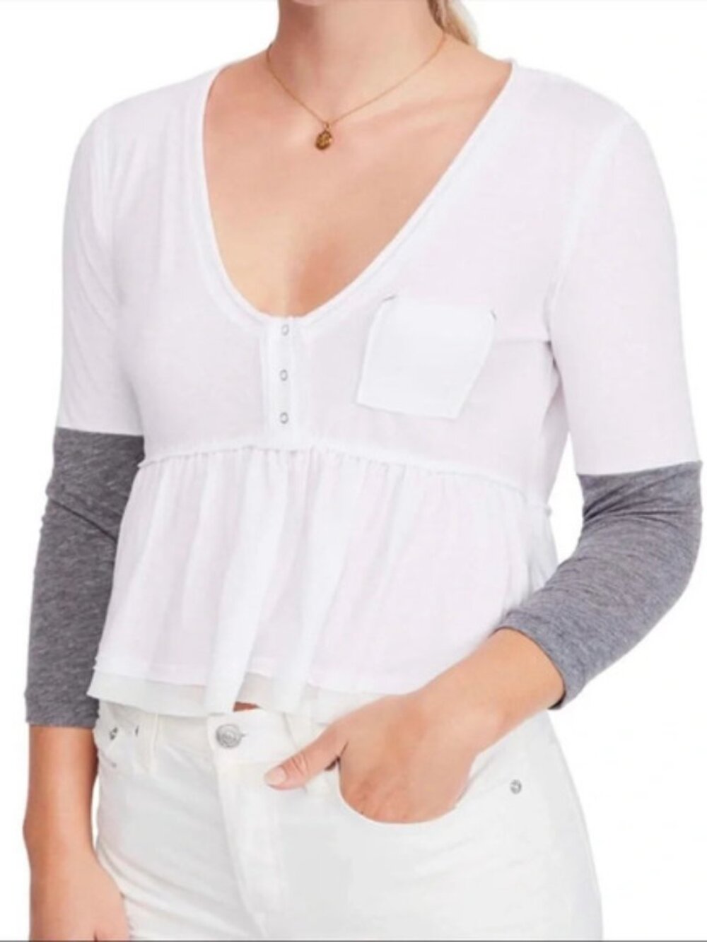 Free People Heart of Mine Colorblock Long Sleeve Tee - Grey/White XS - NWOT
